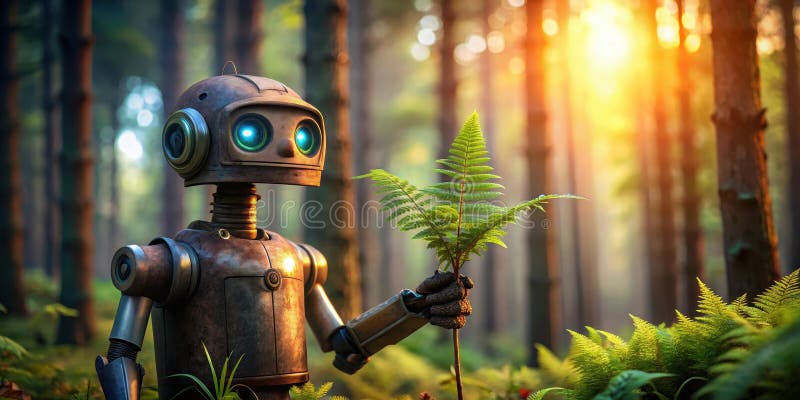 A rusty robot gently holds a fern sprout in a sun-drenched forest, symbolizing technological harmony with nature. Generative AI vector illustration