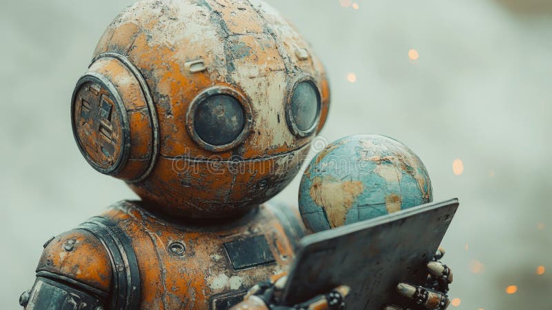 Rusty Robot With Glowing Eyes Holds Small Globe and Digital Tablet, Exploring Technology and Future. vector illustration
