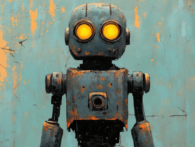 Rusty Robot with Glowing Eyes stock illustration