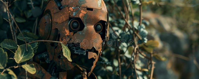 Rusty robot head camouflaged in greenery stock illustration