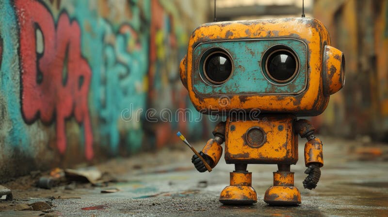 Rusty robot holding a paintbrush in urban setting - generative ai royalty free illustration