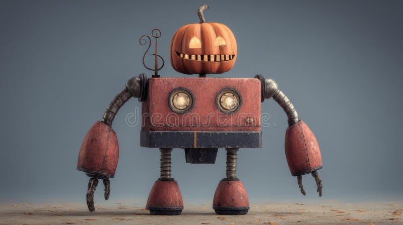 Rusty Robot with Jack O\'Lantern Head stock illustration