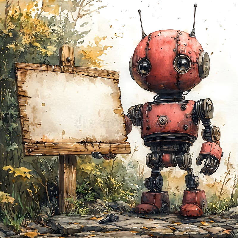 Rusty Robot Points to Blank Sign in Watercolor Forest vector illustration