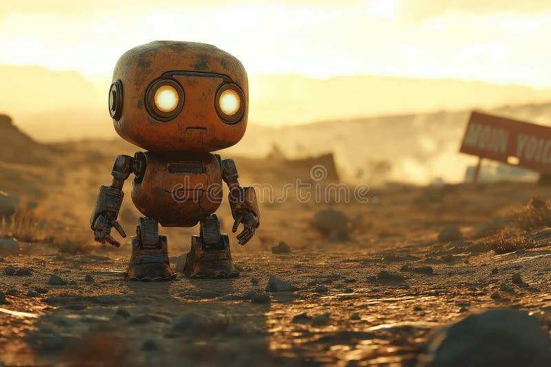 Rusty Robot in Post-Apocalyptic Desert: Barren Landscape, Glowing Eyes stock illustration