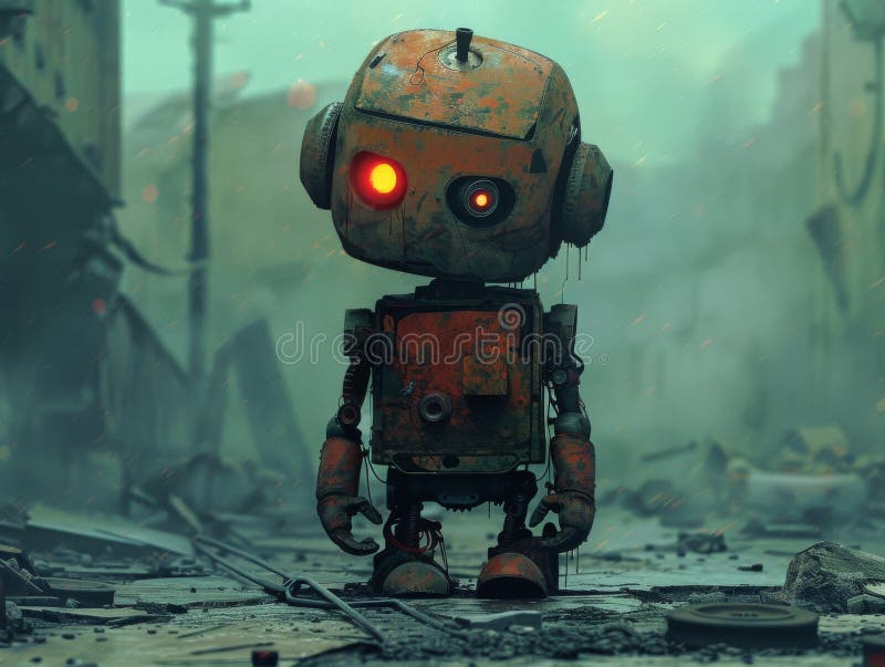 Rusty robot in a post apocalyptic scene damaged environment dystopian future concept abandoned machine ai technology sadness sci royalty free illustration