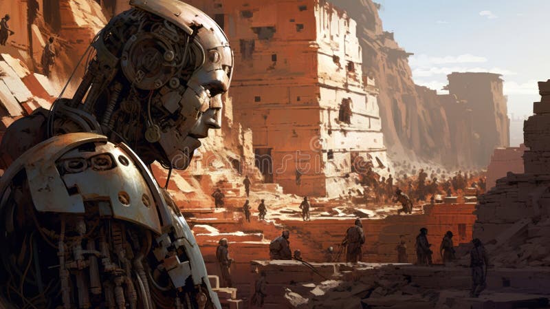 Rusty robot in the ruins of an ancient city stock illustration