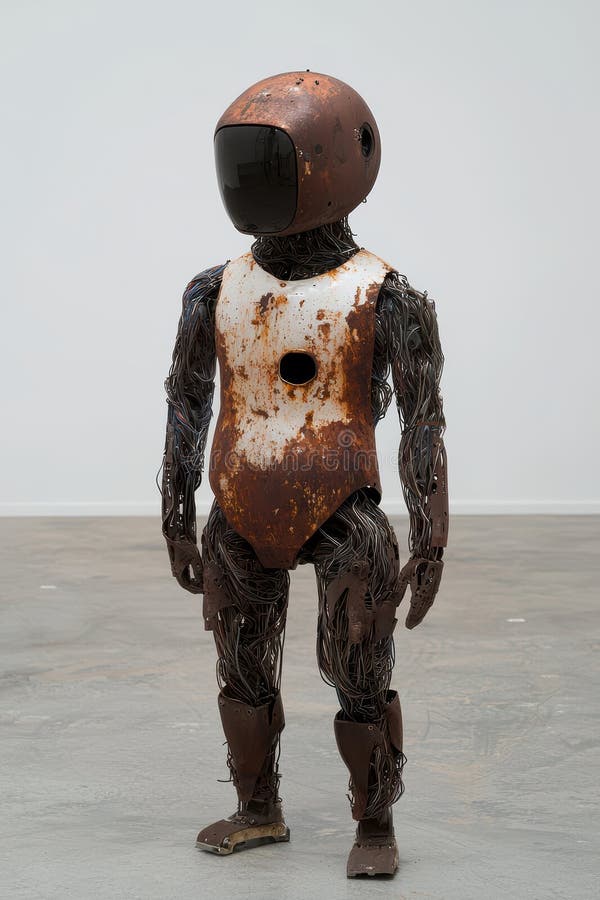 Rusty robot sculpture in a minimalist setting vector illustration