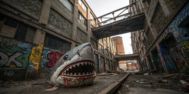A Rusty Robot Shark Mascot a Relic of a Bygone Era Stands Guard in a Desolate Urban Landscape stock illustration