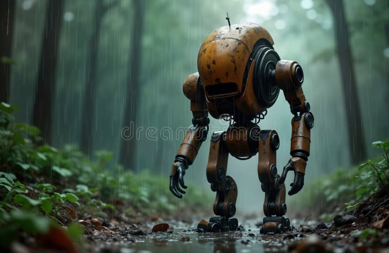 Rusty robot walks through rainy forest. Looks old, abandoned. Robot in dark, wet environment. Appears lonely, damaged. Scene royalty free illustration