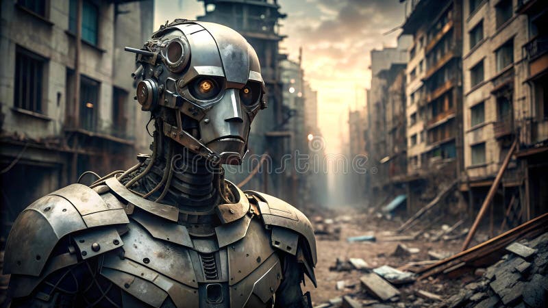 A Rusty Robot Wearing a Human Mask Amidst Urban Decay Generative AI vector illustration