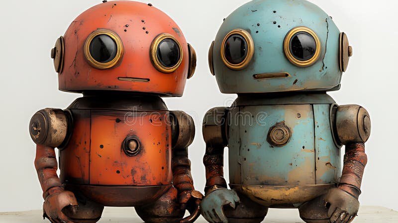 Rusty robots studio shot, friendship, white background, toy design stock illustration