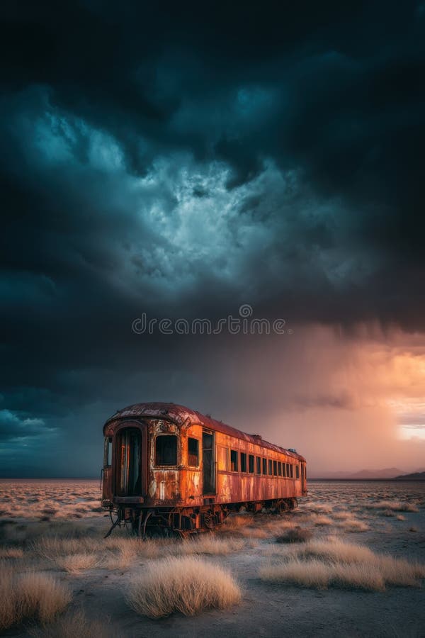 Rusty Train Car in a Dramatic Desert Sunset vector illustration