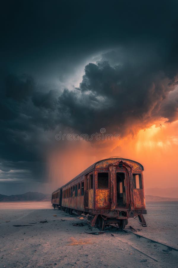 Rusty Train in a Dramatic Desert Sunset Storm vector illustration