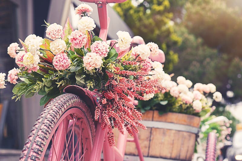 Rusty tricycle bike with flower pot in tray against