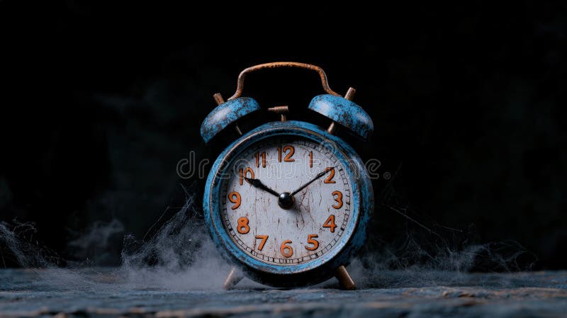 Rusty vintage alarm clock with smoky background capturing a sense of nostalgia vector illustration