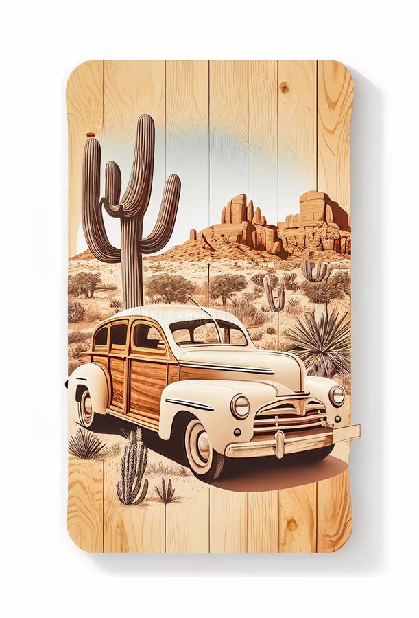 Rusty vintage car with a wooden board and cactus plant background, AI-generated image