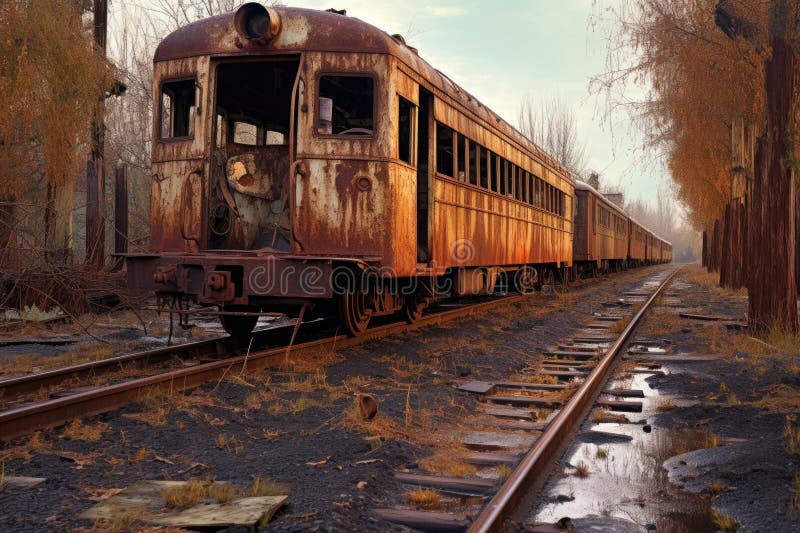 Rusty vintage train on abandoned tracks vector illustration