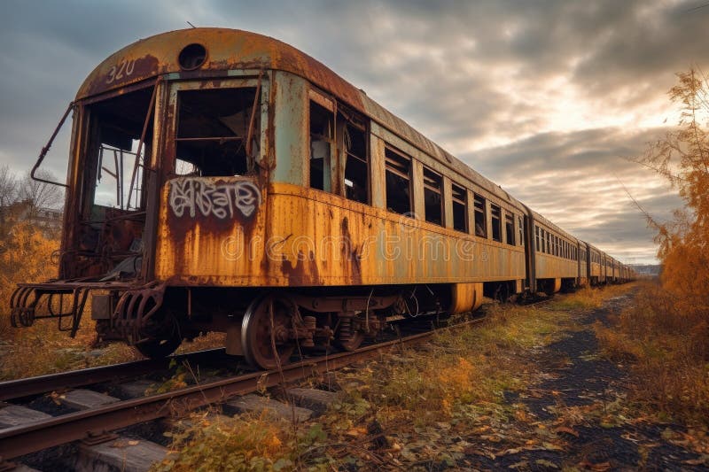 Rusty vintage train on abandoned tracks vector illustration