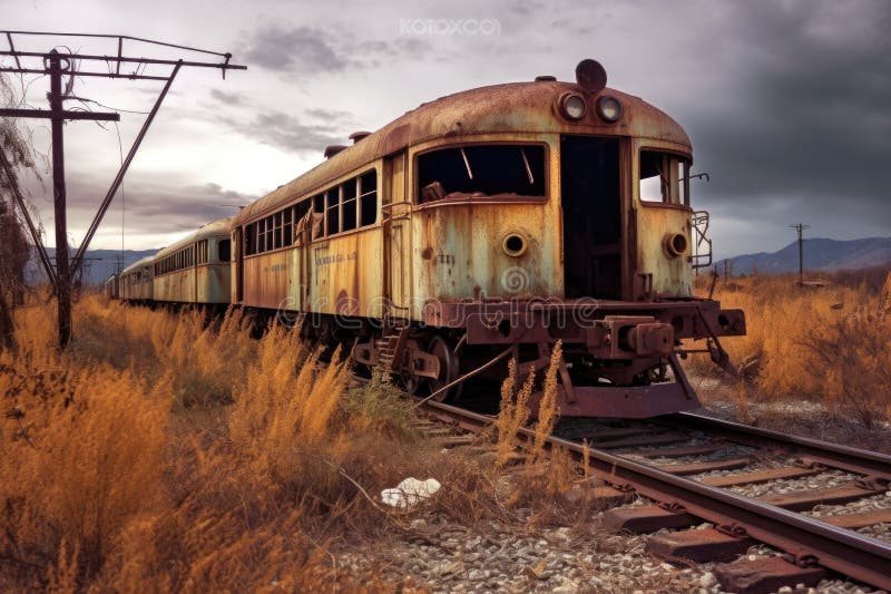Rusty vintage train on abandoned tracks royalty free illustration
