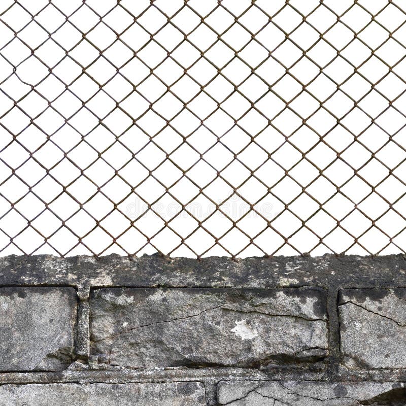 Rusty wire mesh fence, dark white grey fine brick wall texture background, vertical isolated old aged weathered rusted iron