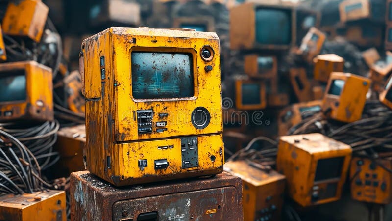 Rusty Yellow Vintage Computer Monitor Nostalgic Journey Through Retro Technology Amidst Discarded Devices stock illustration
