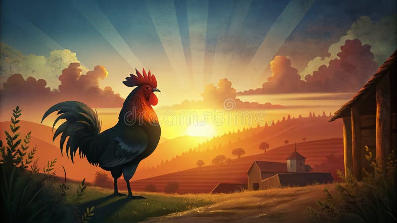 Inspiracja do gotowania w rustykalnym stylu francuskiej wsi Sylwetka koguta o zachodzie słońca Kulinarna ucieczka ilustracji