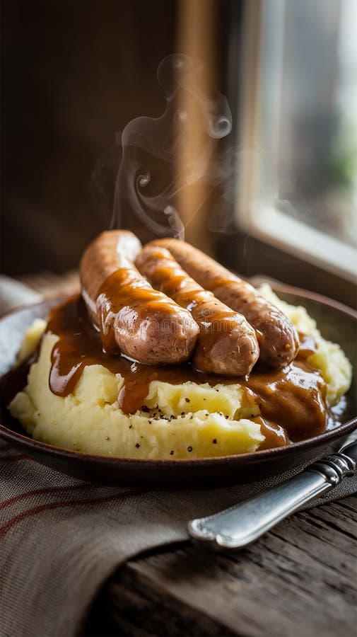 Rustykalne zdjęcie płyty parowej Bangers and Mash. royalty ilustracja