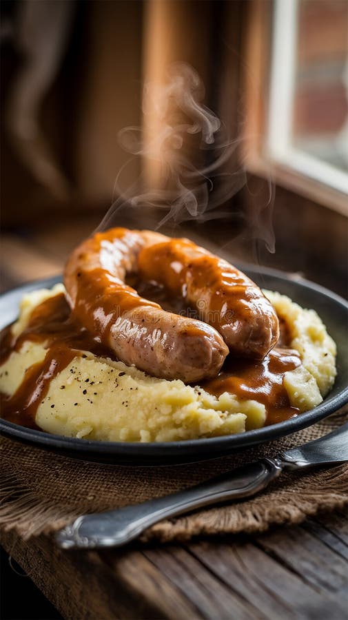 Rustykalne zdjęcie płyty parowej Bangers and Mash. ilustracji