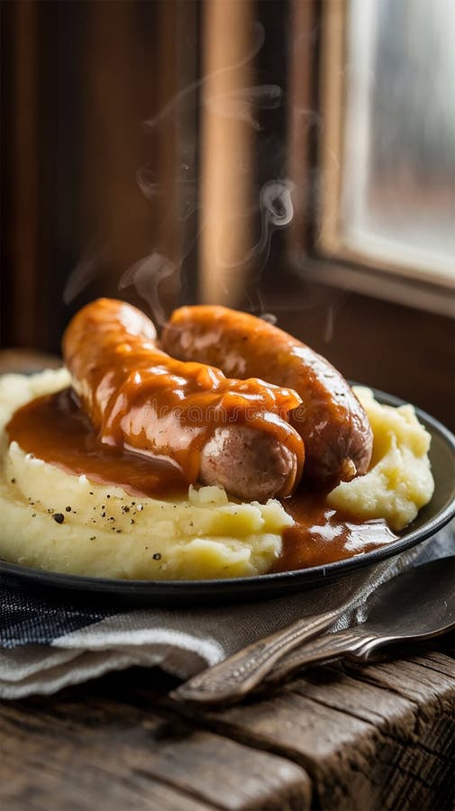 Rustykalne zdjęcie płyty parowej Bangers and Mash. ilustracja wektor