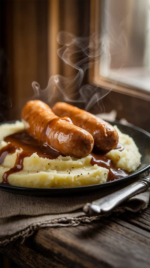 Rustykalne zdjęcie płyty parowej Bangers and Mash. ilustracji
