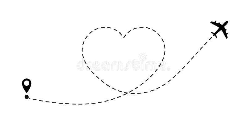 Ruta del viaje del amor Línea icono del aeroplano del vector de la trayectoria del viaje de la ruta de vuelo del avión de aire Ruta del viaje del amor Línea icono del aeroplano del vector de la trayectoria del viaje de la ruta de vuelo del avión de aire
