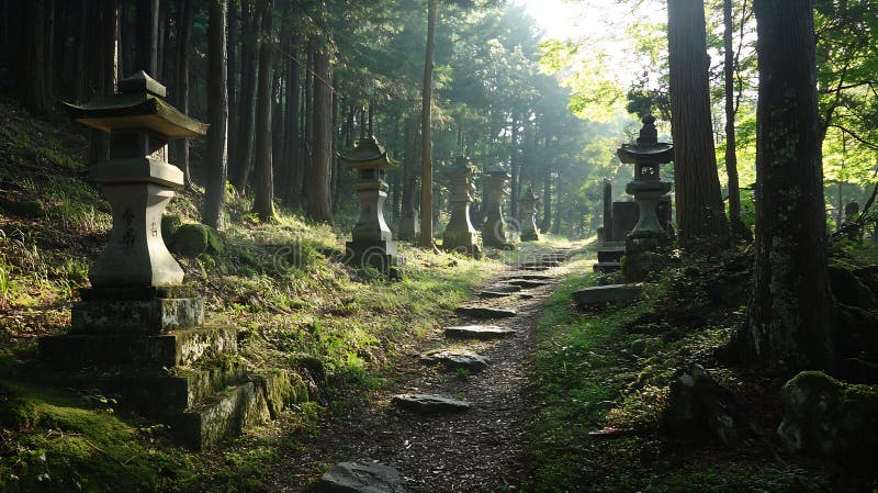 Ruta generativa de la AI Serene a través de bosque exuberante con el concepto de negocio de los tradicionales Linternas de Piedra. foto de archivo libre de regalías