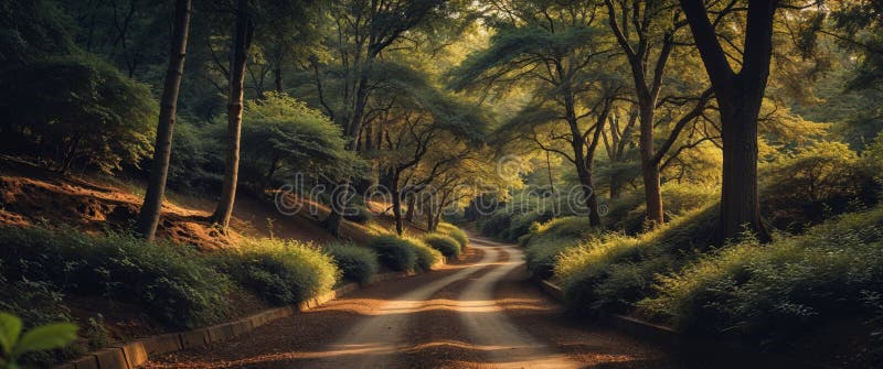 Ruta serena a través de la vista panorámica de los bosques imagen de archivo