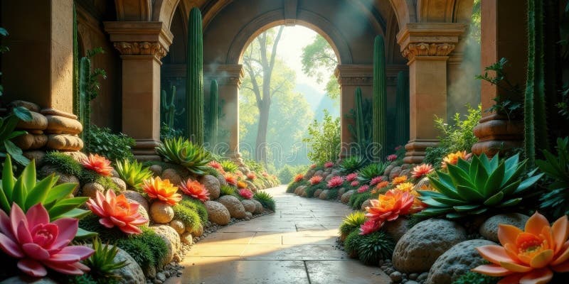 Ruta serena a través de un jardín arquitectónico iluminado por el sol con suculentos y flores. IA generativa fotografía de archivo