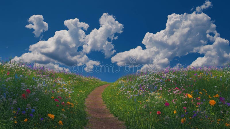 Ruta serena a través del vibrante prado de flores silvestres bajo el cielo azul foto de archivo libre de regalías