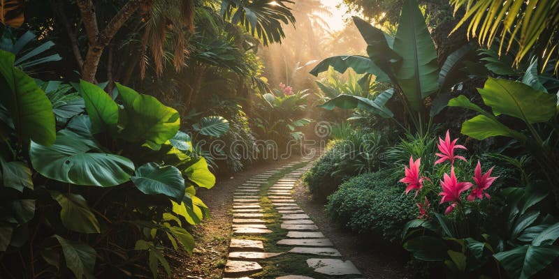 Ruta Serene a través de un exuberante jardín tropical con brillo solar imagenes de archivo