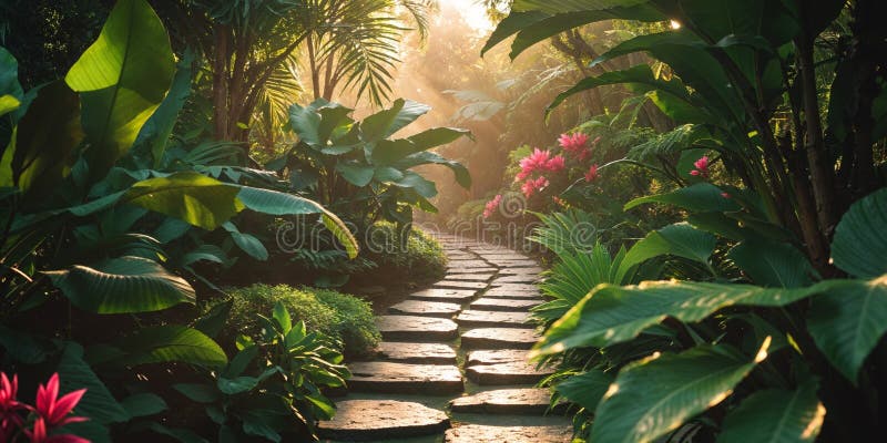 Ruta Serene a través de un exuberante jardín tropical con brillo solar. fotografía de archivo libre de regalías