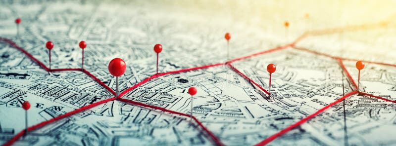 Rutas con pines rojos en el mapa de la ciudad. concepto sobre la geografía de la logística de comunicaciones de navegación de desc