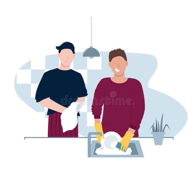 Rutina diaria en el hogar. hombres pareja homosexuales. dos tipos lavan platos en la cocina