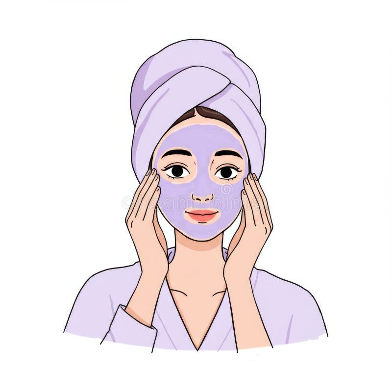 Rutinen för kvinnlig applicerande lavender Face Mask Skincare stock illustrationer