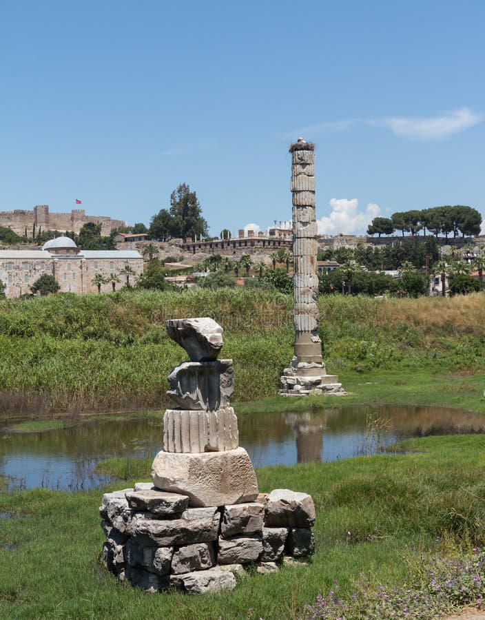 Remains of Temple of Artemis, one of the seven wonders of the world in ruins of the old city of Ephesus which was a famous Ancient Greek city now in Turkey. Remains of Temple of Artemis, one of the seven wonders of the world in ruins of the old city of Ephesus which was a famous Ancient Greek city now in Turkey