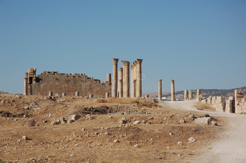 Ancient Corinthian columns on ruins of temple of Artemis in ancient Roman city Gerasa, today Jerash, Jordan. Ancient Corinthian columns on ruins of temple of Artemis in ancient Roman city Gerasa, today Jerash, Jordan