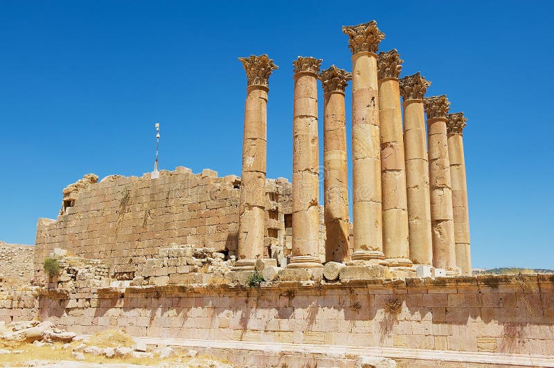 Ruins and columns of the ancient temple of Artemis the Roman city of Gerasa modern Jerash in Jordan. Ruins and columns of the ancient temple of Artemis the Roman city of Gerasa modern Jerash in Jordan.