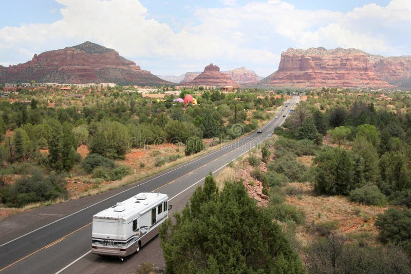 Beautiful scenic view of large RV on the road to Sedona Arizona. Beautiful scenic view of large RV on the road to Sedona Arizona