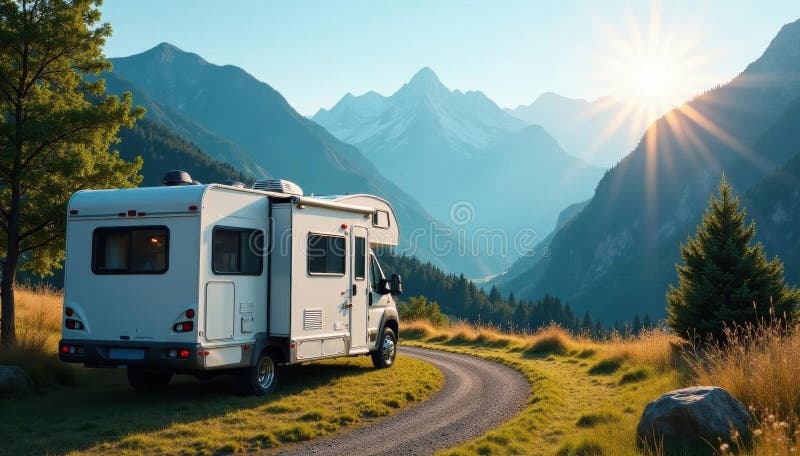 RV παρκαρισμένα σε αξιοθέατα βουνά της κατασκήνωσης/του κάμπινγκ χαρούμενα απεικόνιση αποθεμάτων