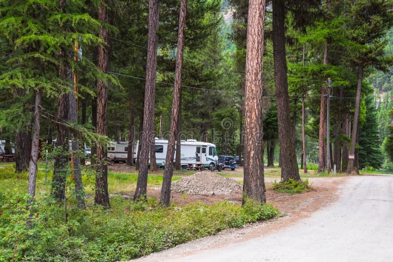 Recreational vehicles parked in forested campsite. Copy space. Recreational vehicles parked in forested campsite. Copy space.