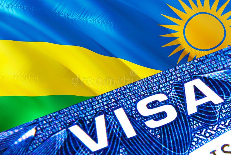 Rwanda visa document close up. Passport visa on Rwanda flag. Rwanda visitor visa in passport,3D rendering. Rwanda multi entrance vector illustration