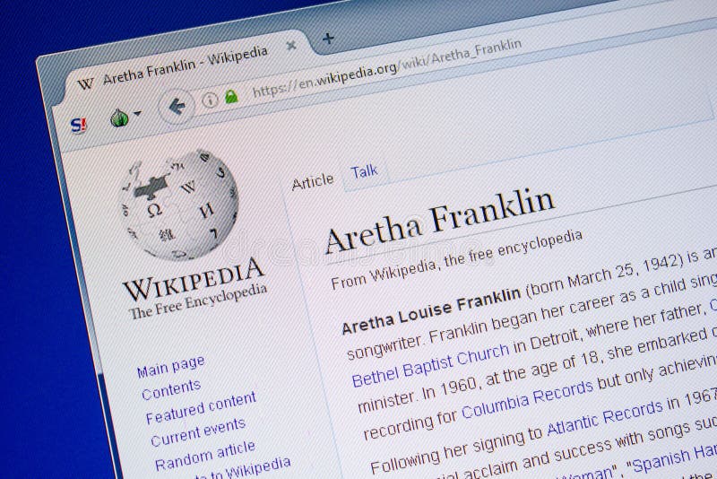 Ryazan, Rusland - Juli 09, 2018: Pagina op Wikipedia over Aretha Franklin op de vertoning van PC stock afbeelding Ryazan, Rusland - Juli 09, 2018: Pagina op Wikipedia over Aretha Franklin op de vertoning van PC stock afbeelding