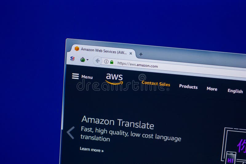 Ryazan, Russia - April 16, 2018 - Homepage of Amazon Web Services - AWS website on the display of PC. stock photos Ryazan, Russia - April 16, 2018 - Homepage of Amazon Web Services - AWS website on the display of PC. stock photos