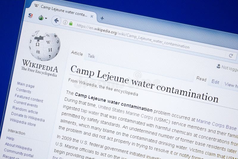 Ryazan, Russia - August 19, 2018: Wikipedia page about Camp Lejeune water contamination on the display of PC. Ryazan, Russia - August 19, 2018: Wikipedia page about Camp Lejeune water contamination on the display of PC